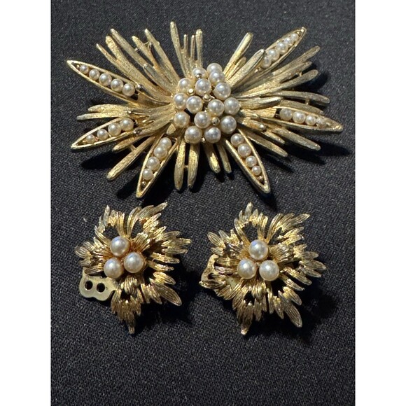 Vintage Liner Signed Mid Century Starburst Brooch, Clip On Earrings (read Desc.) - Picture 1 of 7
